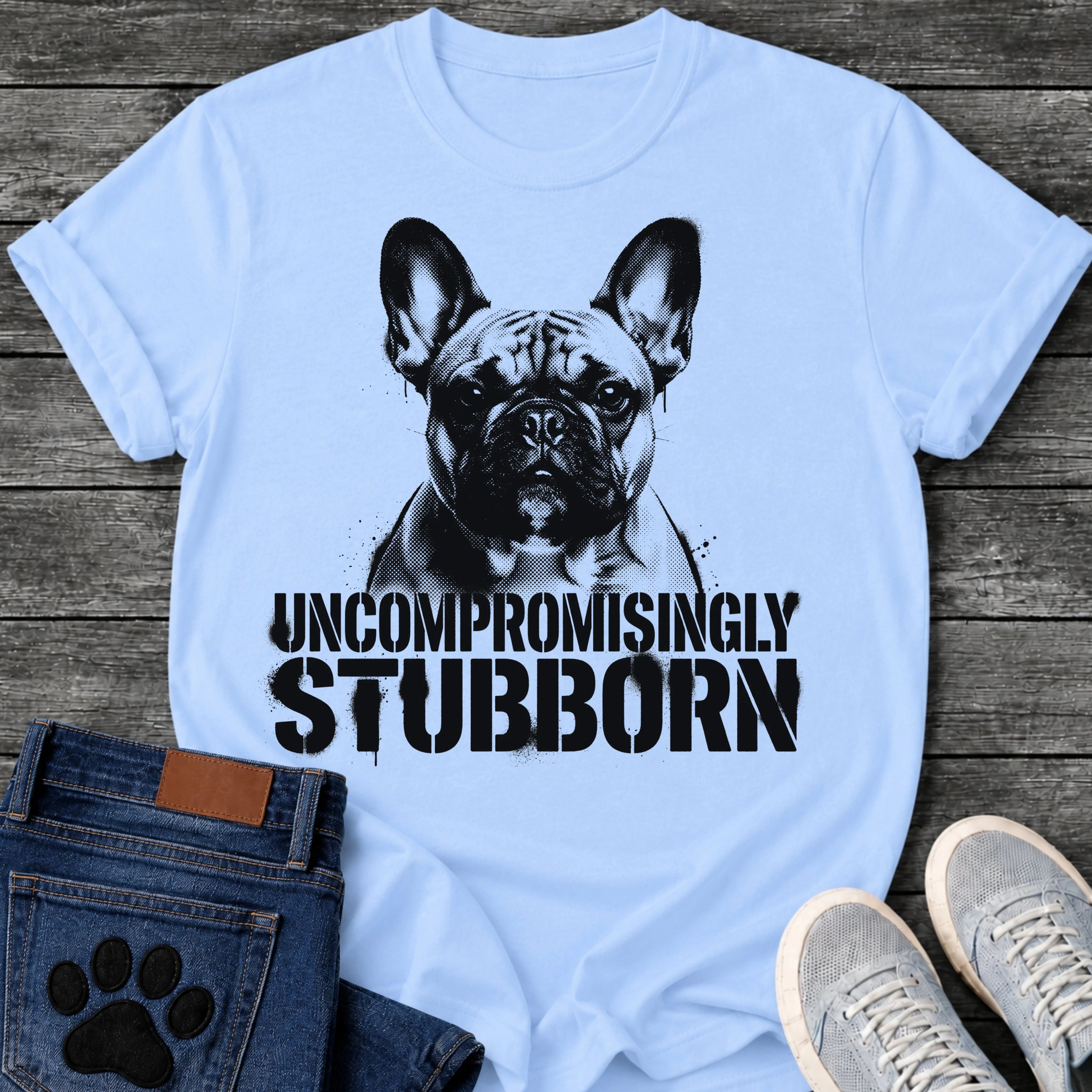 French Bulldog t-shirt with high contrast halftone Frenchie portrait facing forward with ink splatter drip details, bold oversized stencil text below reading Uncompromisingly Stubborn, single black ink graphic with serious streetwear energy

