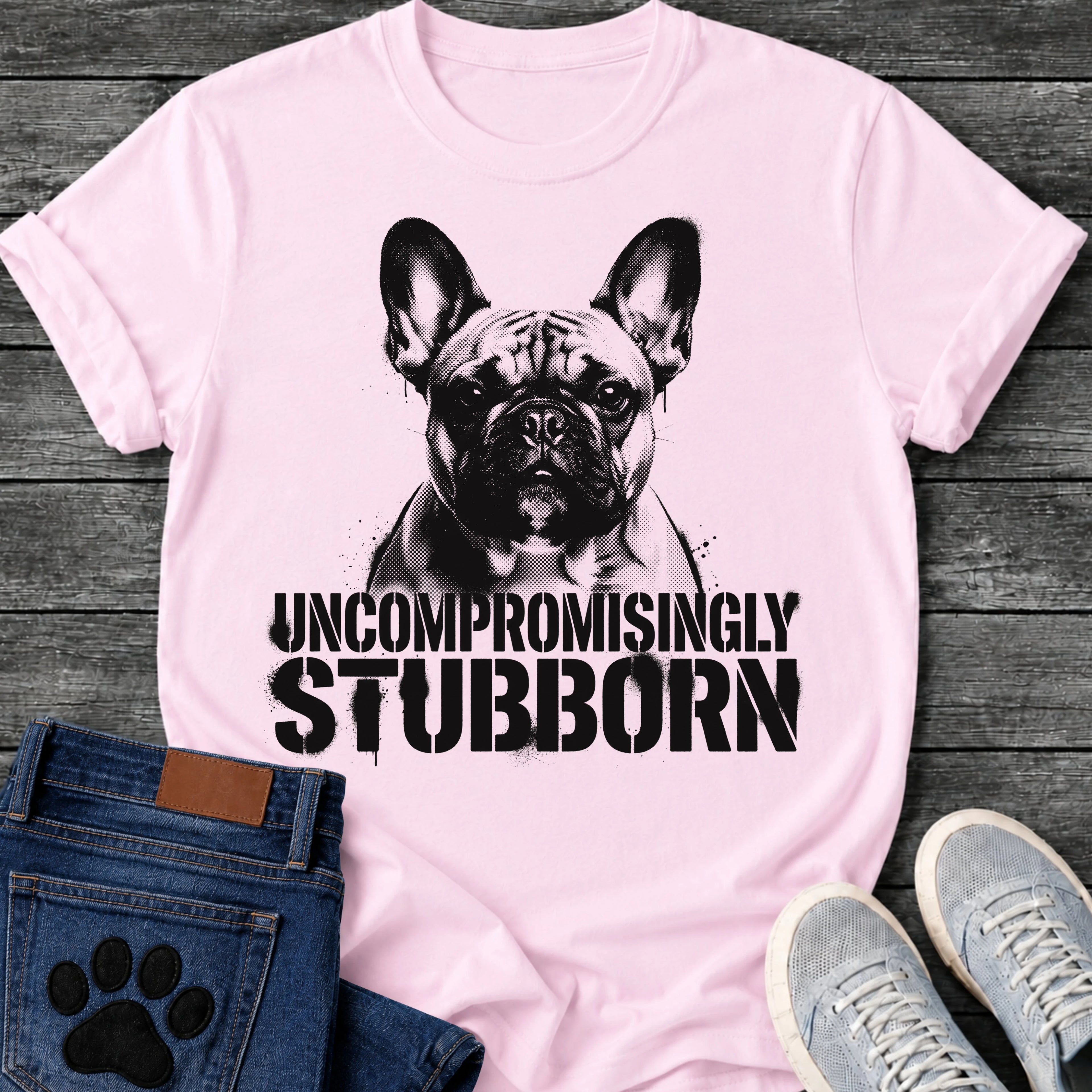 French Bulldog t-shirt with high contrast halftone Frenchie portrait facing forward with ink splatter drip details, bold oversized stencil text below reading Uncompromisingly Stubborn, single black ink graphic with serious streetwear energy
