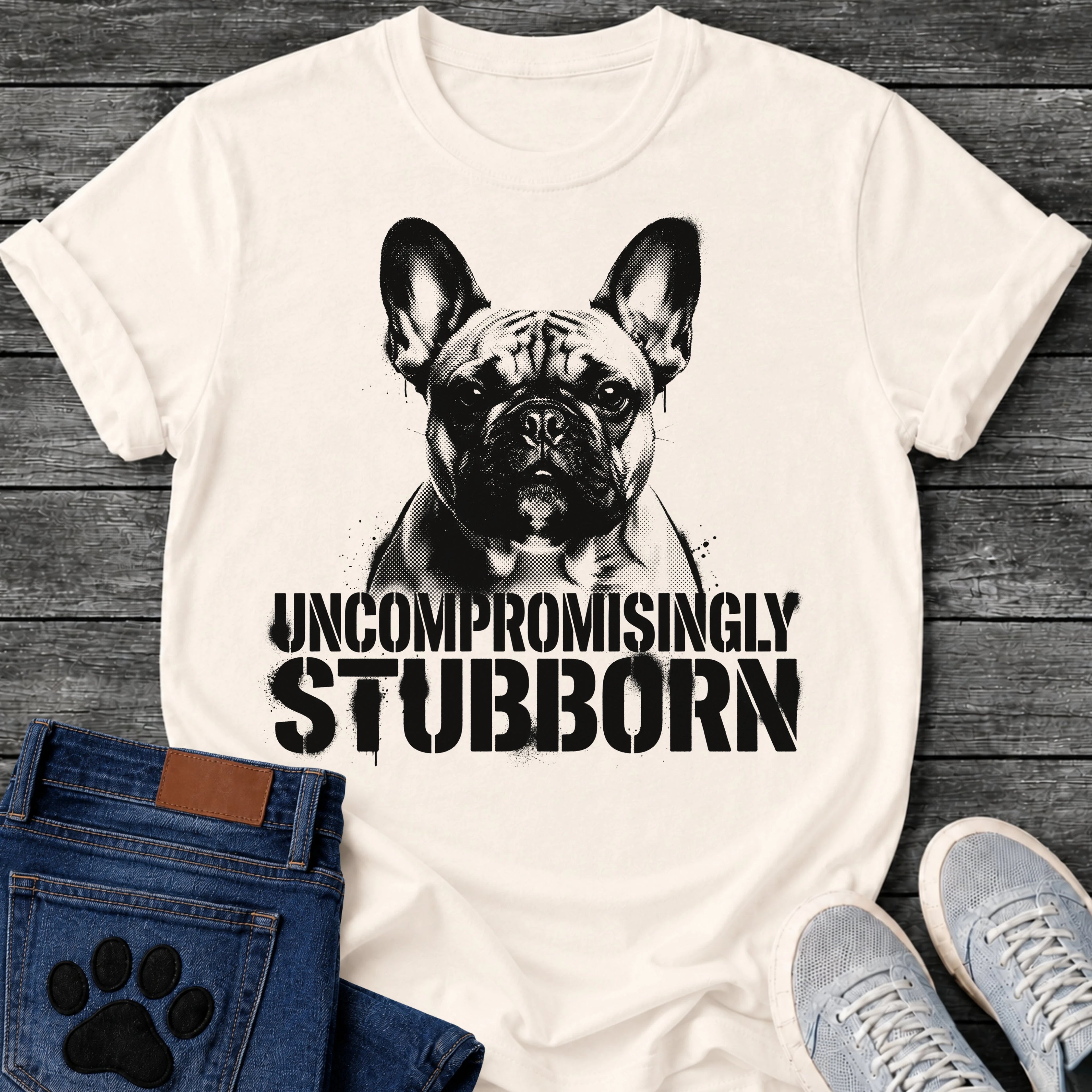 French Bulldog t-shirt with high contrast halftone Frenchie portrait facing forward with ink splatter drip details, bold oversized stencil text below reading Uncompromisingly Stubborn, single black ink graphic with serious streetwear energy
