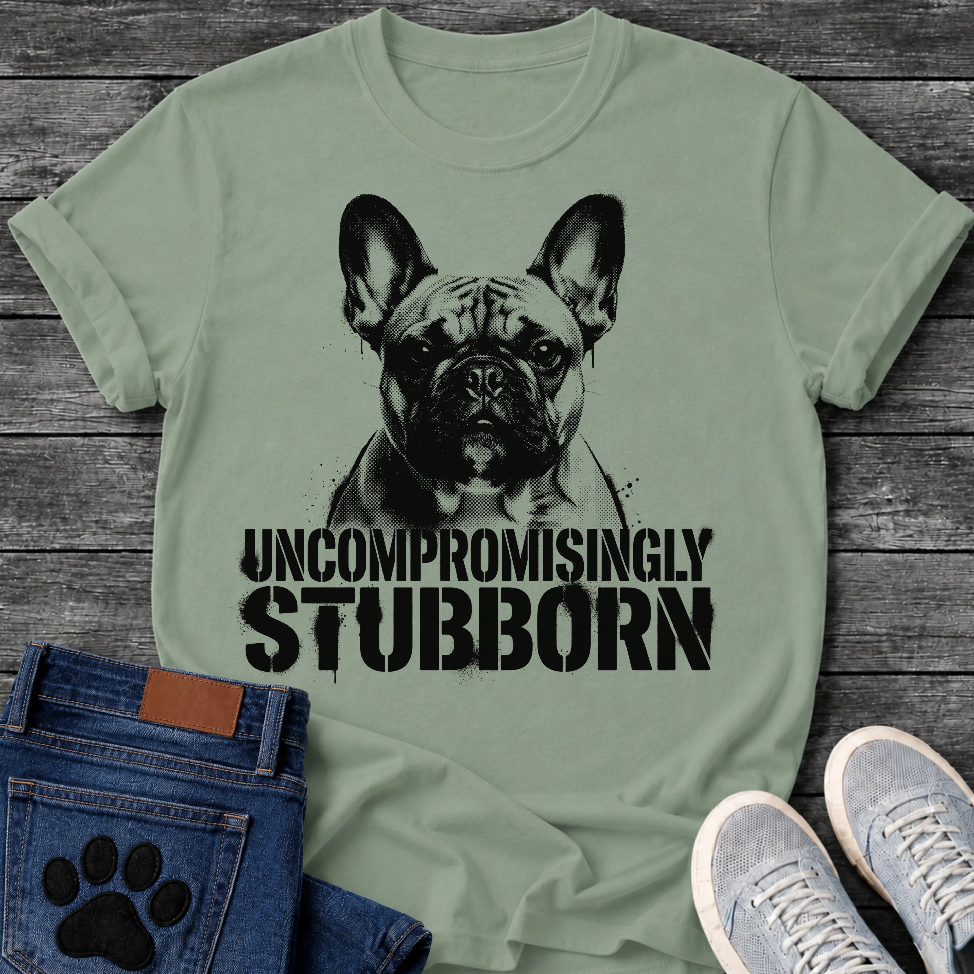 French Bulldog t-shirt with high contrast halftone Frenchie portrait facing forward with ink splatter drip details, bold oversized stencil text below reading Uncompromisingly Stubborn, single black ink graphic with serious streetwear energy
