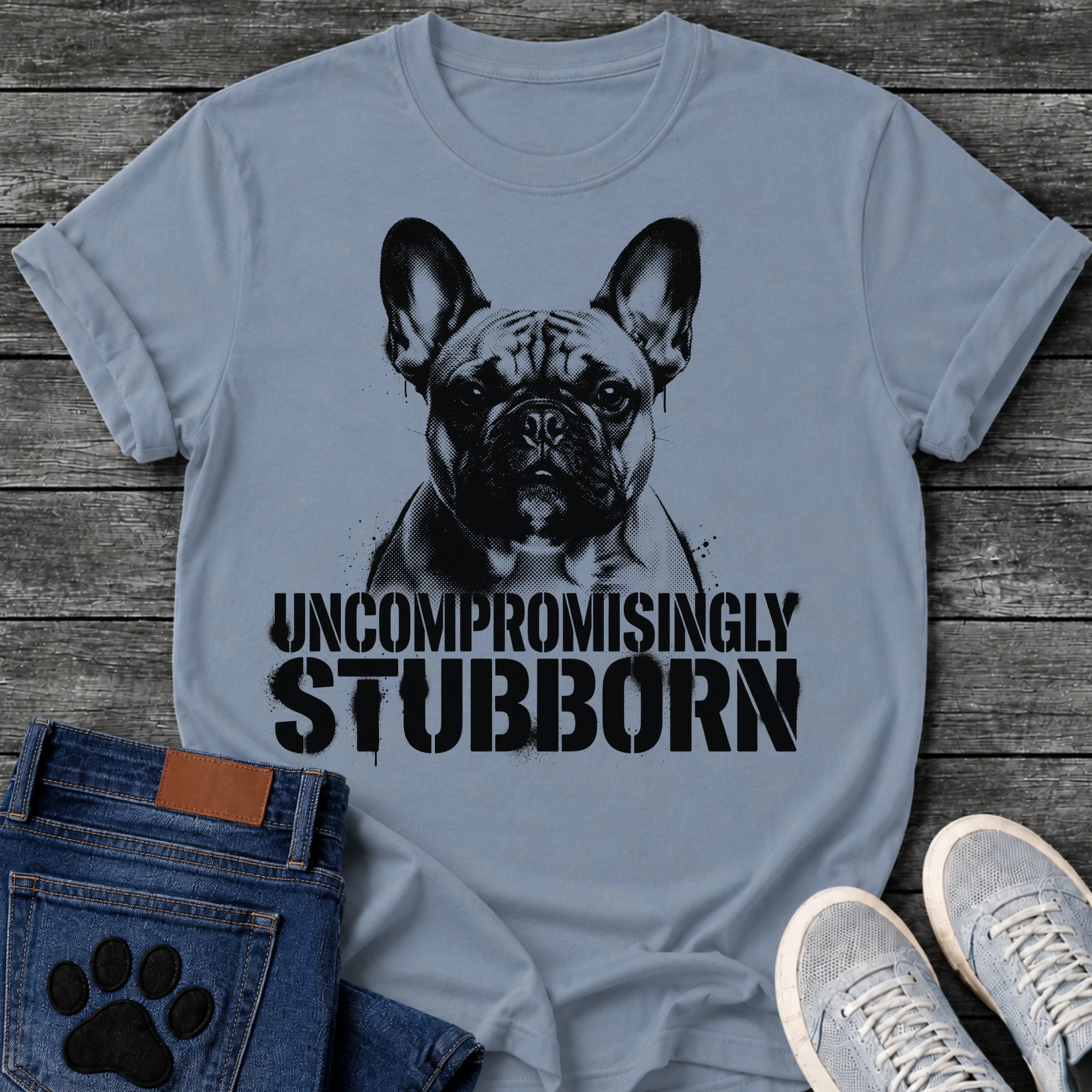 French Bulldog t-shirt with high contrast halftone Frenchie portrait facing forward with ink splatter drip details, bold oversized stencil text below reading Uncompromisingly Stubborn, single black ink graphic with serious streetwear energy
