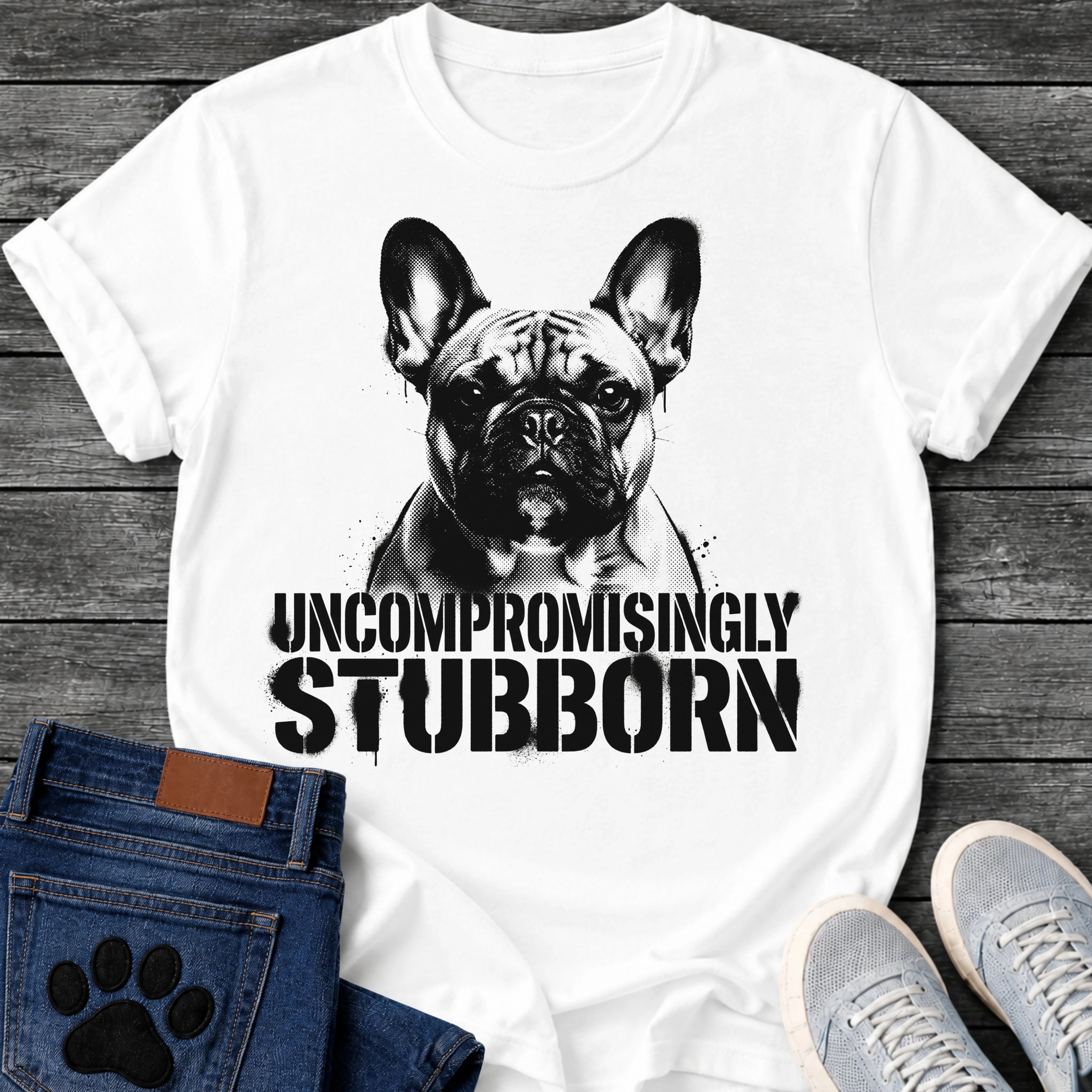 French Bulldog t-shirt with high contrast halftone Frenchie portrait facing forward with ink splatter drip details, bold oversized stencil text below reading Uncompromisingly Stubborn, single black ink graphic with serious streetwear energy

